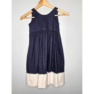 HARTSTRINGS Girls Dress Size 5 Linen Blend Blue Back Tie and Buttons Sleeveless